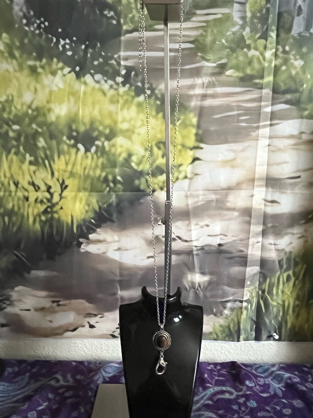 Long Silver Tone Necklace with Brown Stone Accent with Earrings